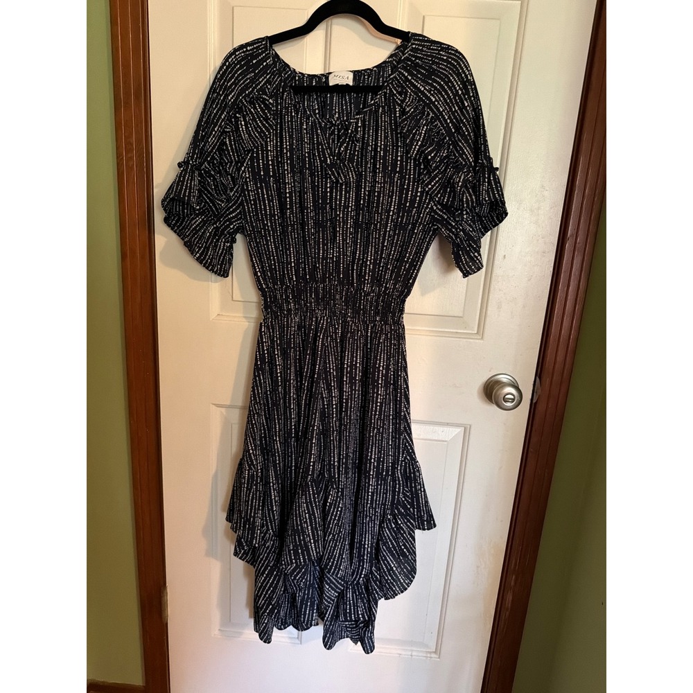 MISA Los Angeles Navy White Dotted Stripe Smocked High Low Ruffle Midi Dress L